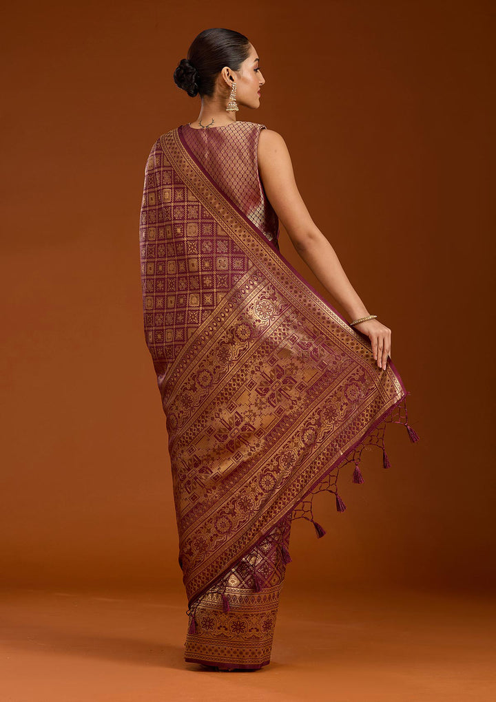 Maroon Silk Jaal Zariwork Saree With Matching Blouse Piece