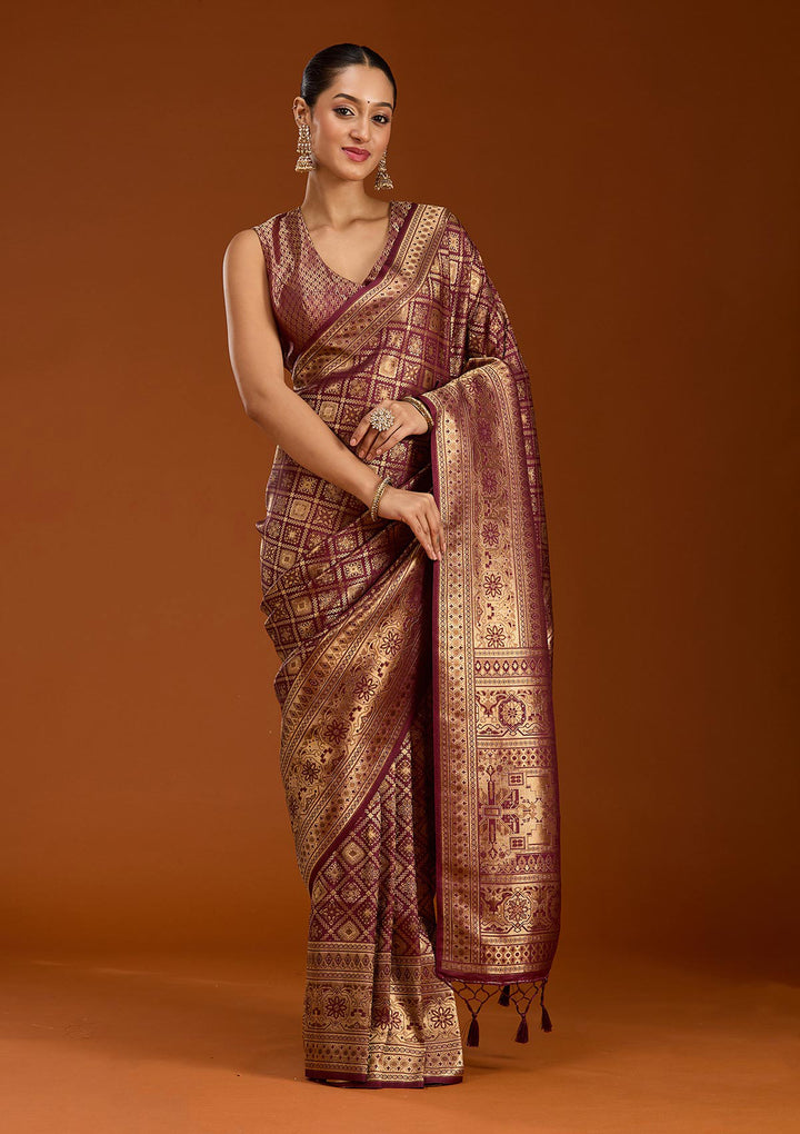 Maroon Silk Jaal Zariwork Saree With Matching Blouse Piece
