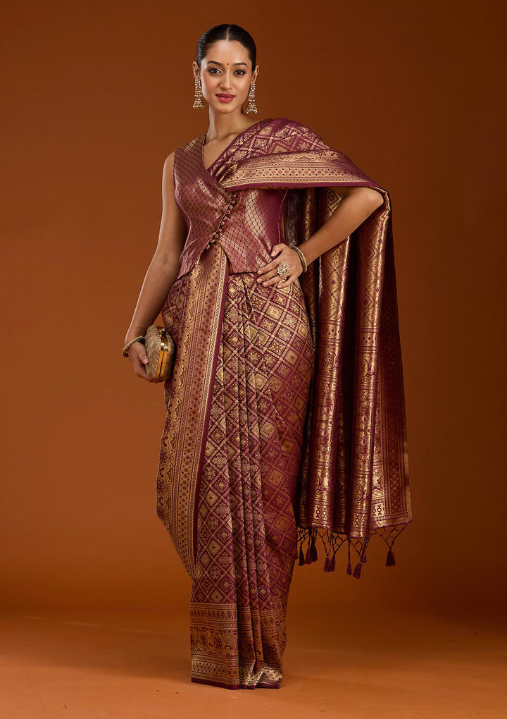 Maroon Silk Jaal Zariwork Saree With Matching Blouse Piece