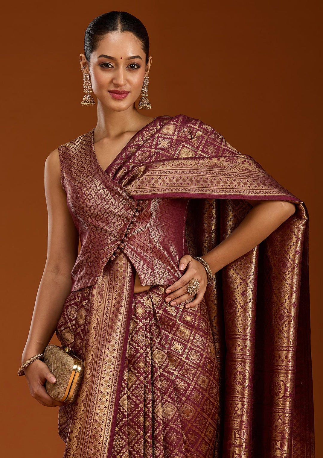 Maroon Silk Jaal Zariwork Saree With Matching Blouse Piece