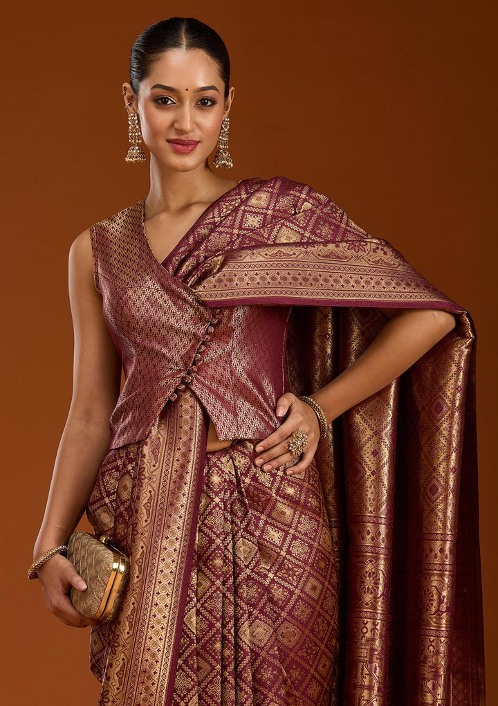 Maroon Silk Jaal Zariwork Saree With Matching Blouse Piece