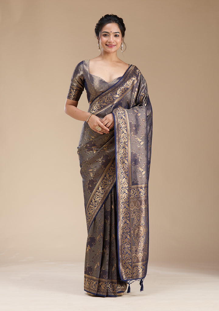 Navy Blue Silk Jaal Saree With Matching Blouse Piece