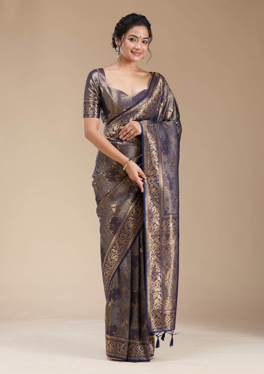 Navy Blue Silk Jaal Saree With Matching Blouse Piece