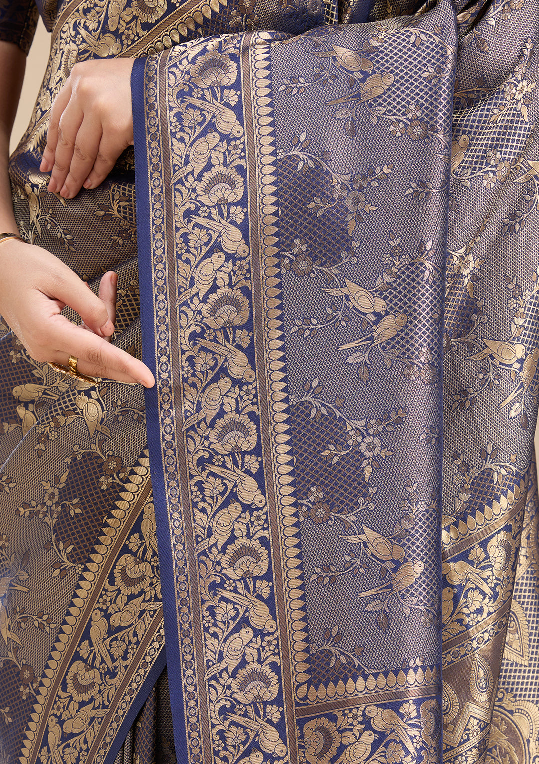 Navy Blue Silk Jaal Saree With Matching Blouse Piece