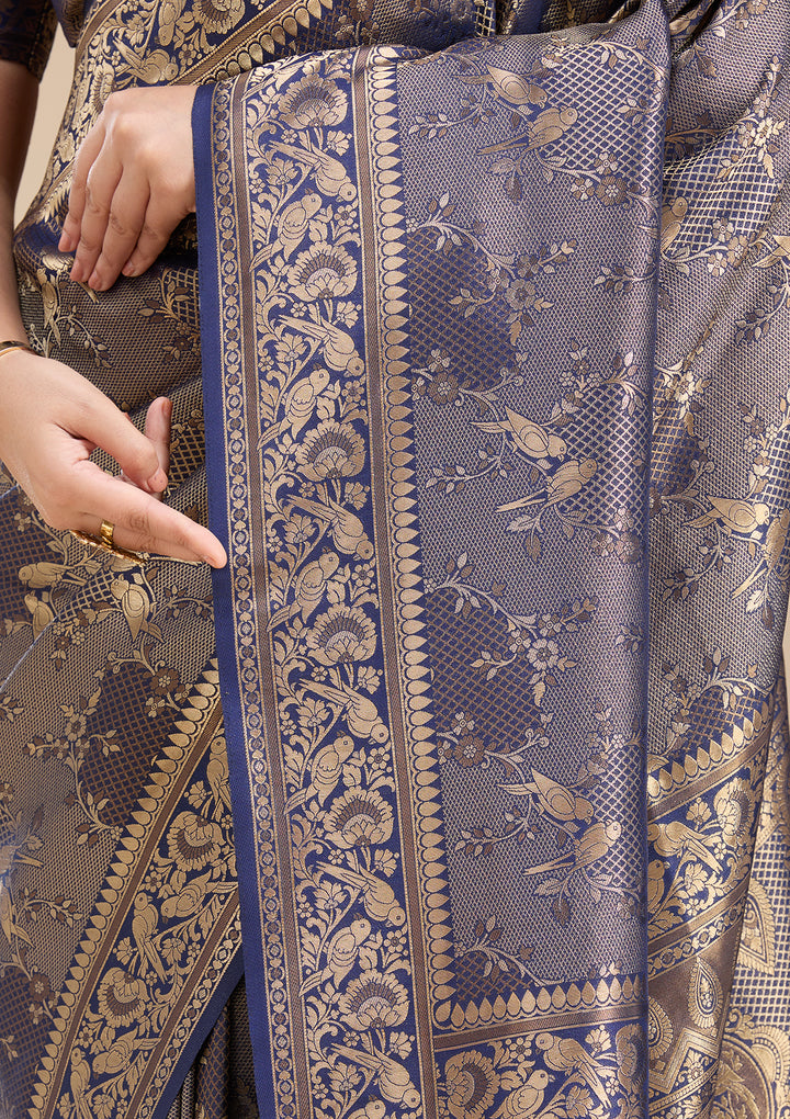 Navy Blue Silk Jaal Saree With Matching Blouse Piece