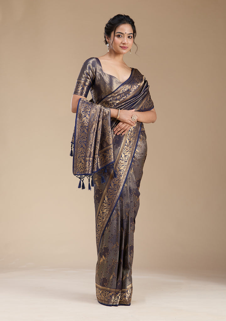 Navy Blue Silk Jaal Saree With Matching Blouse Piece