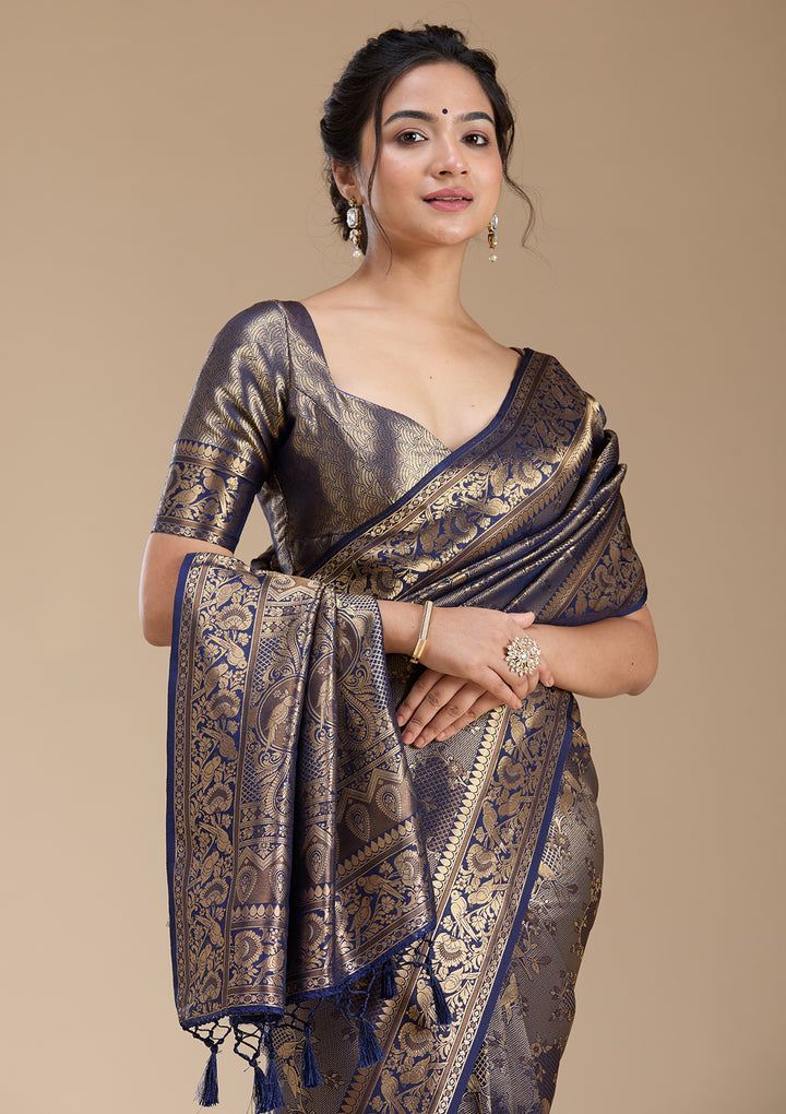Navy Blue Silk Jaal Saree With Matching Blouse Piece