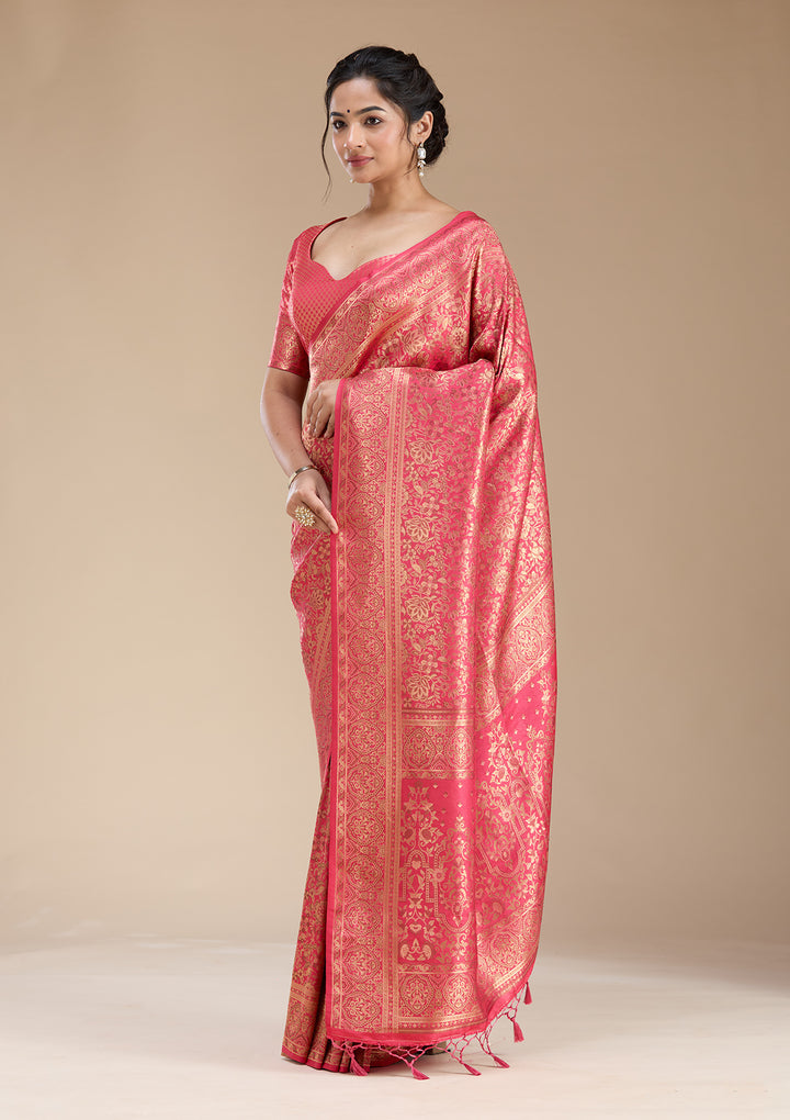 Red Silk Jaal Zariwork Saree With Matching Blouse Piece