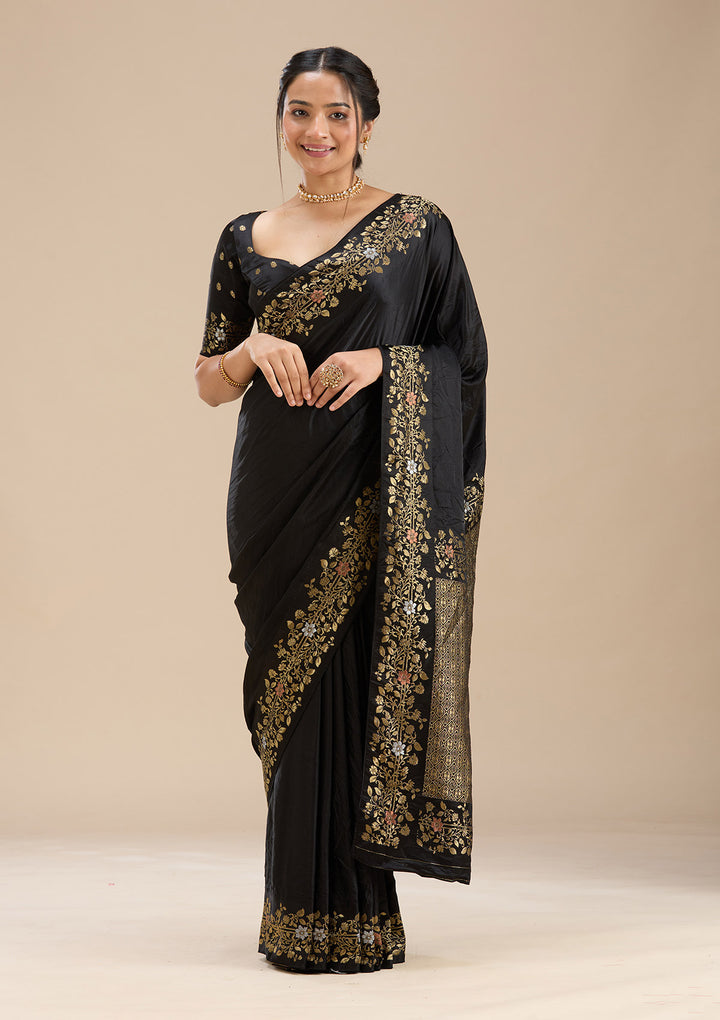 Black Silk Plain Saree With Matching Blouse Piece