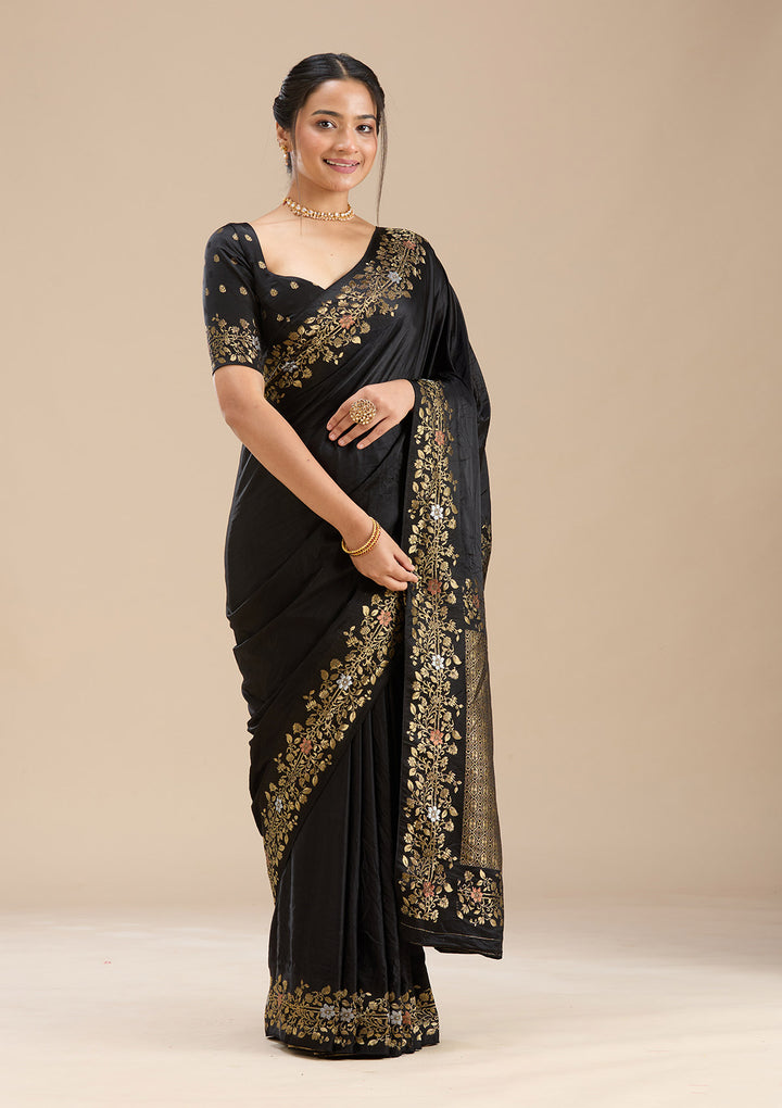 Black Silk Plain Saree With Matching Blouse Piece