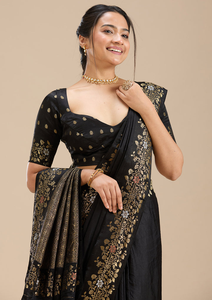 Black Silk Plain Saree With Matching Blouse Piece