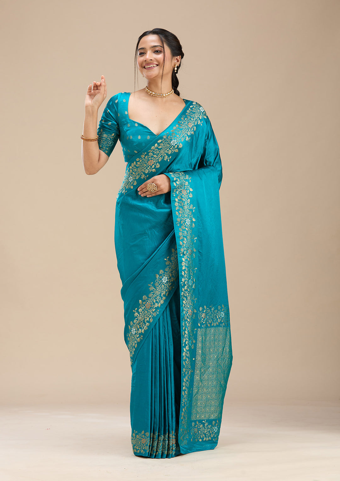 Peacock Blue Silk Plain Saree With Matching Blouse Piece