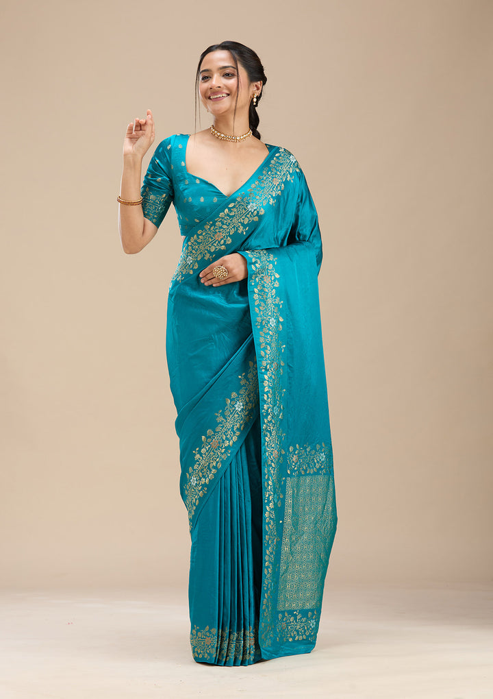 Peacock Blue Silk Plain Saree With Matching Blouse Piece
