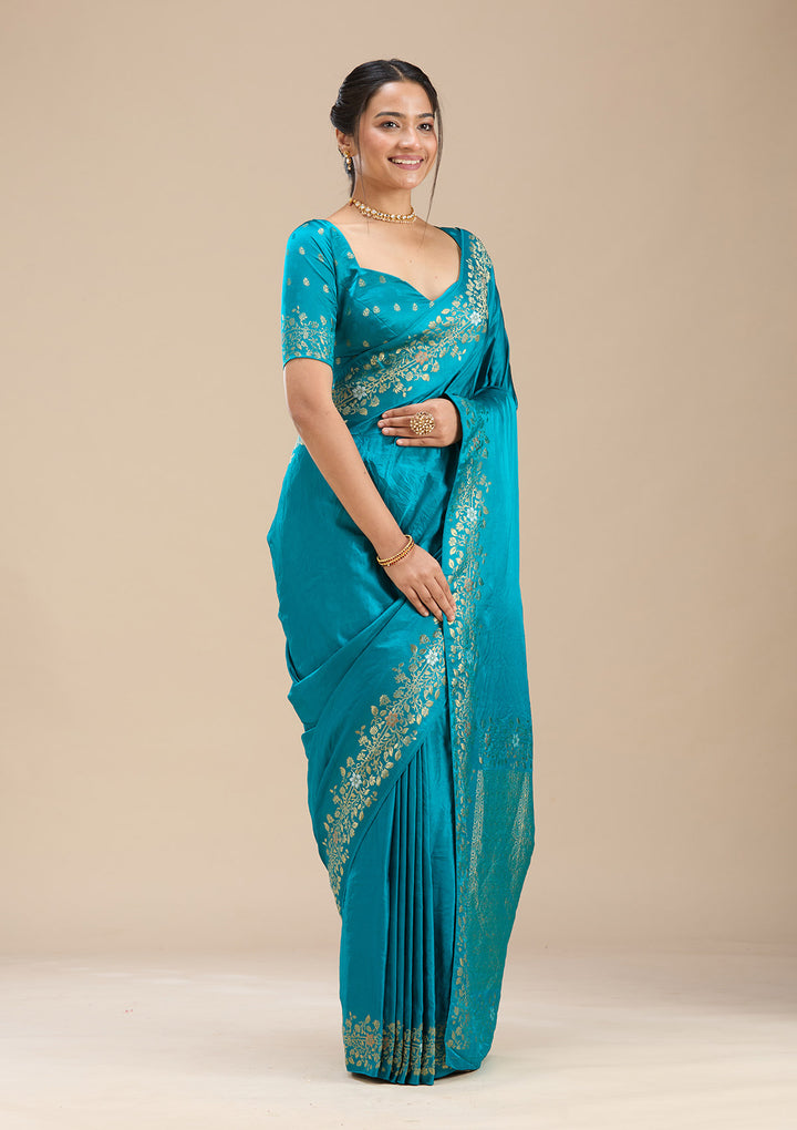 Peacock Blue Silk Plain Saree With Matching Blouse Piece