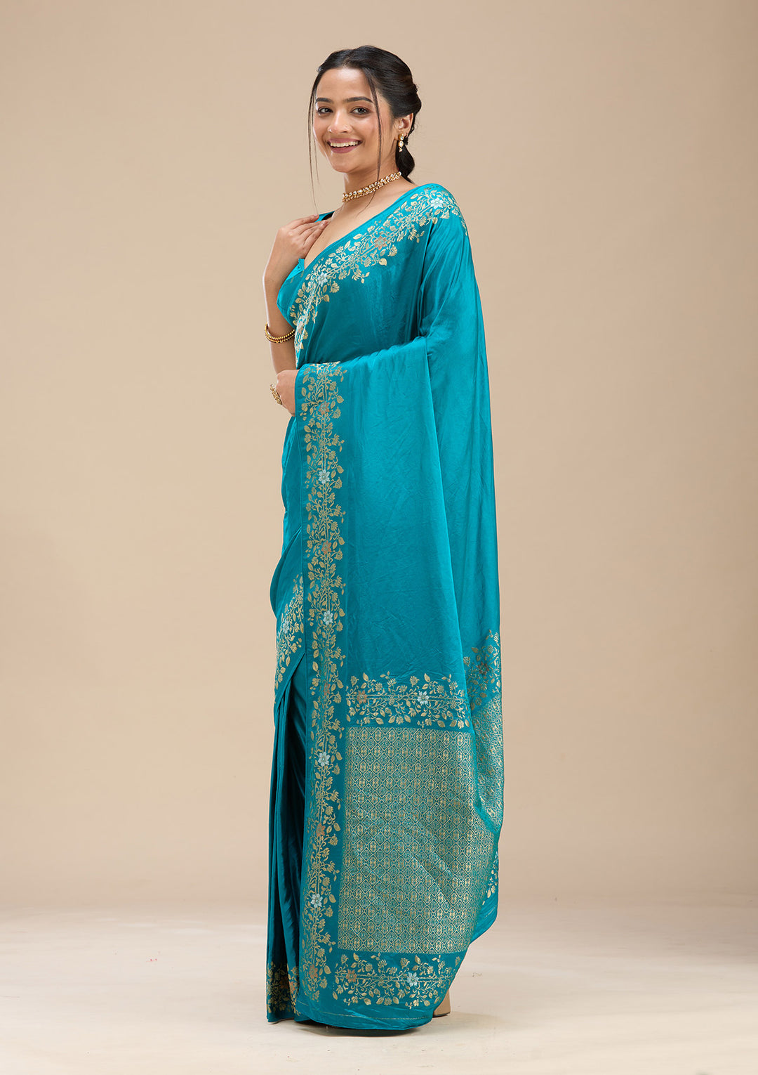 Peacock Blue Silk Plain Saree With Matching Blouse Piece