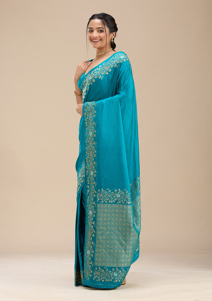 Peacock Blue Silk Plain Saree With Matching Blouse Piece
