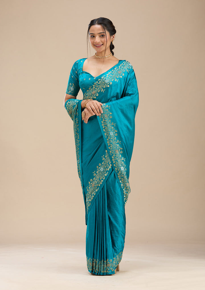Peacock Blue Silk Plain Saree With Matching Blouse Piece