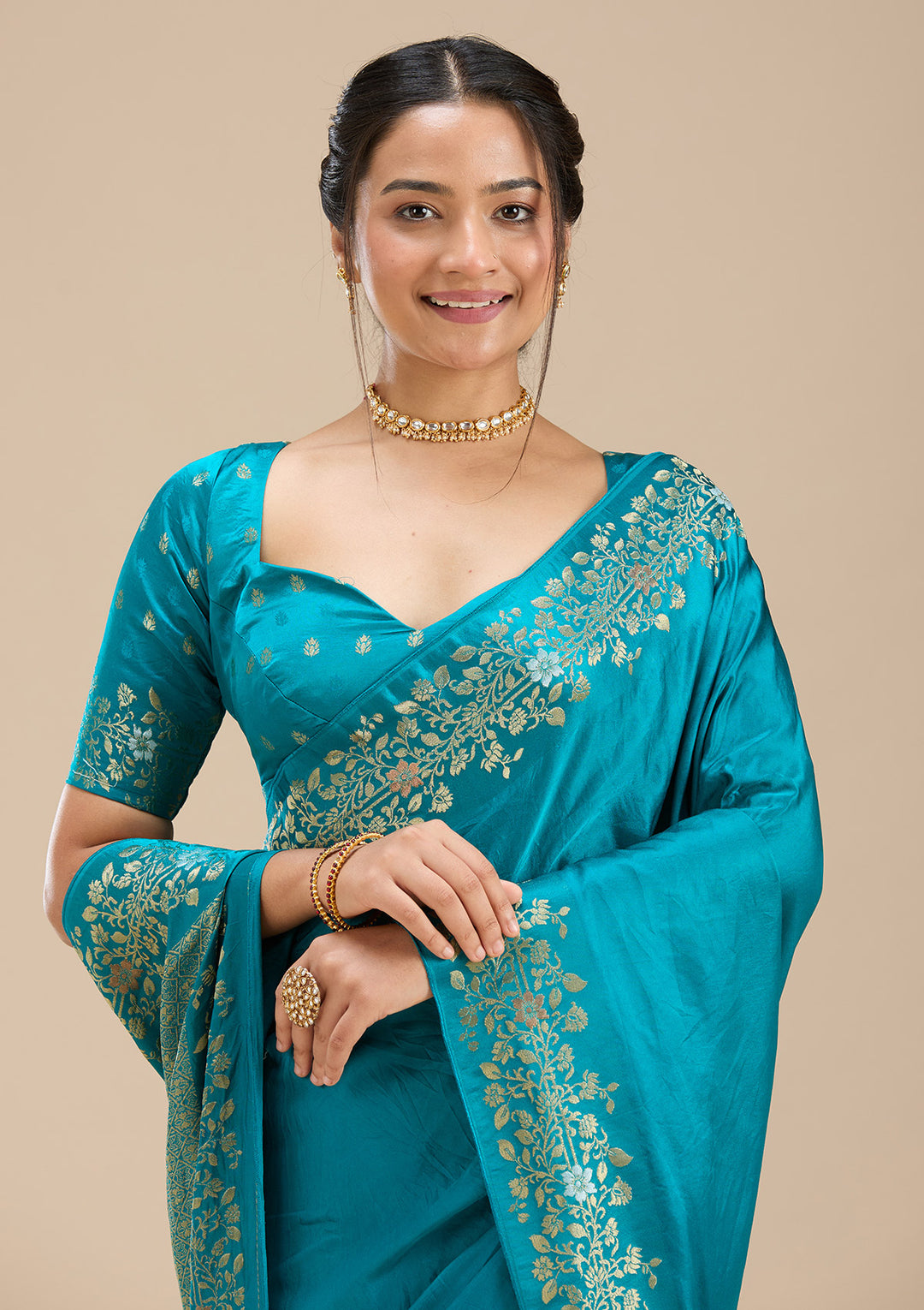 Peacock Blue Silk Plain Saree With Matching Blouse Piece