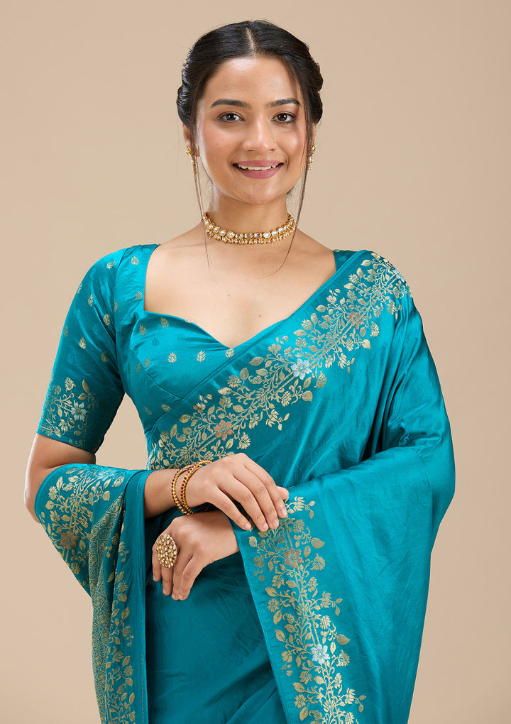 Peacock Blue Silk Plain Saree With Matching Blouse Piece