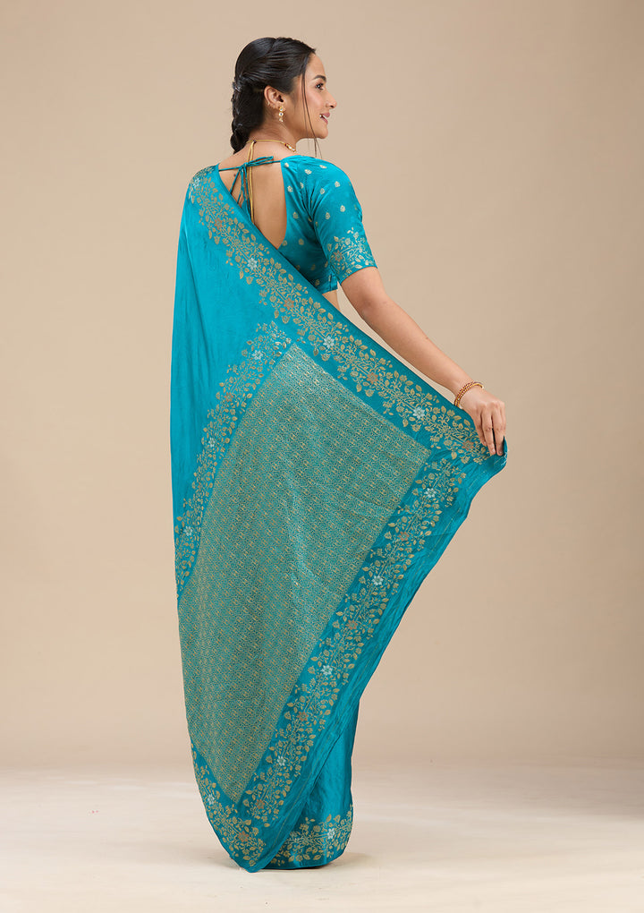 Peacock Blue Silk Plain Saree With Matching Blouse Piece