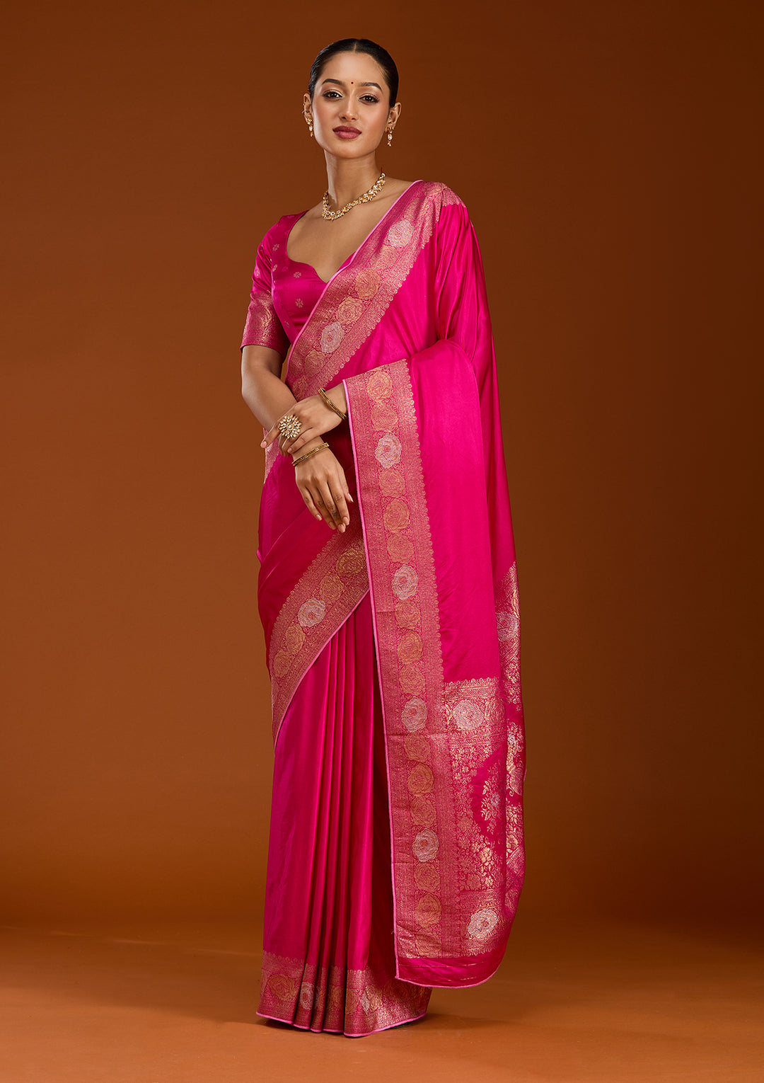 Rani Pink Silk Plain Zariwork Saree With Matching Blouse Piece