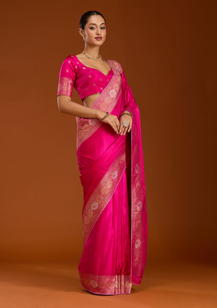 Rani Pink Silk Plain Zariwork Saree With Matching Blouse Piece