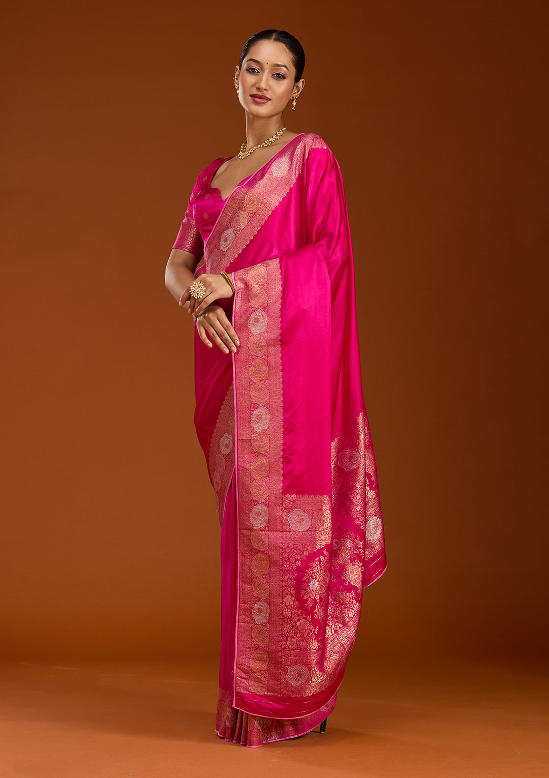 Rani Pink Silk Plain Zariwork Saree With Matching Blouse Piece