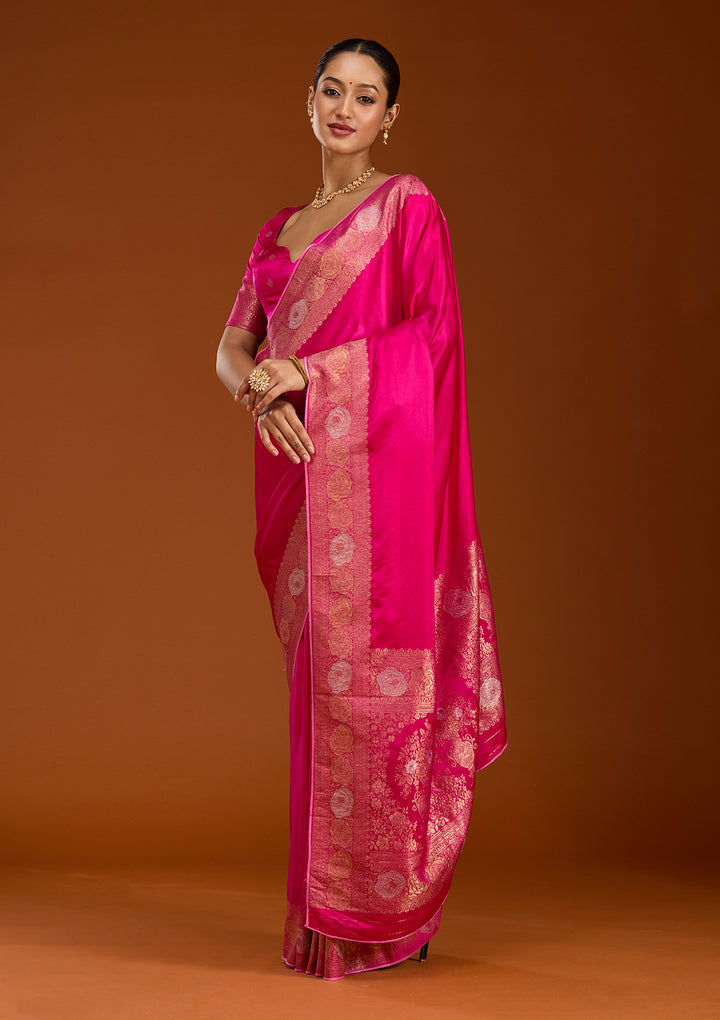 Rani Pink Silk Plain Zariwork Saree With Matching Blouse Piece