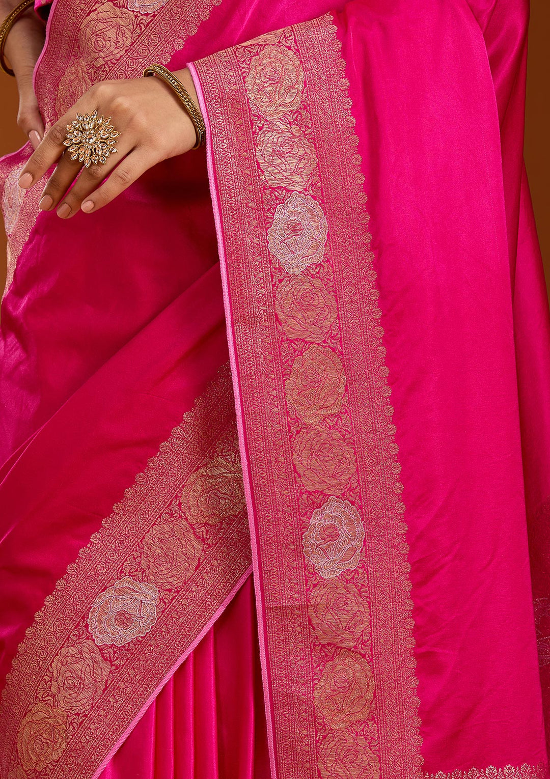 Rani Pink Silk Plain Zariwork Saree With Matching Blouse Piece