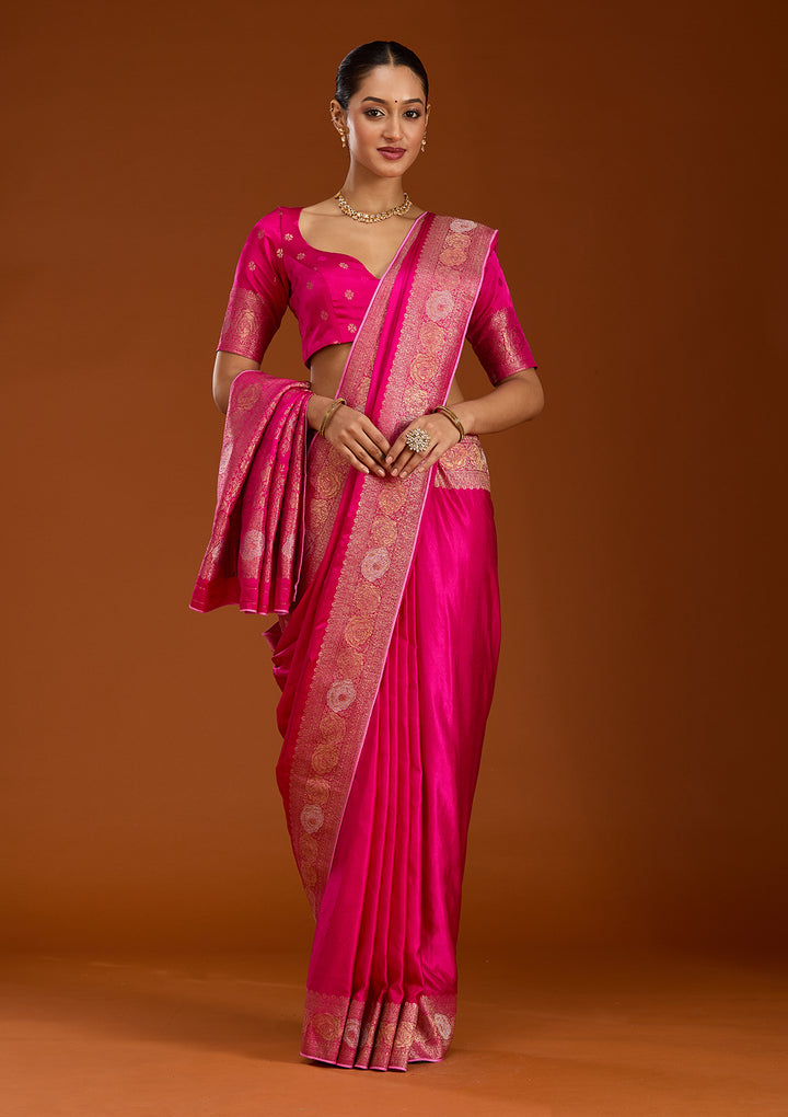 Rani Pink Silk Plain Zariwork Saree With Matching Blouse Piece