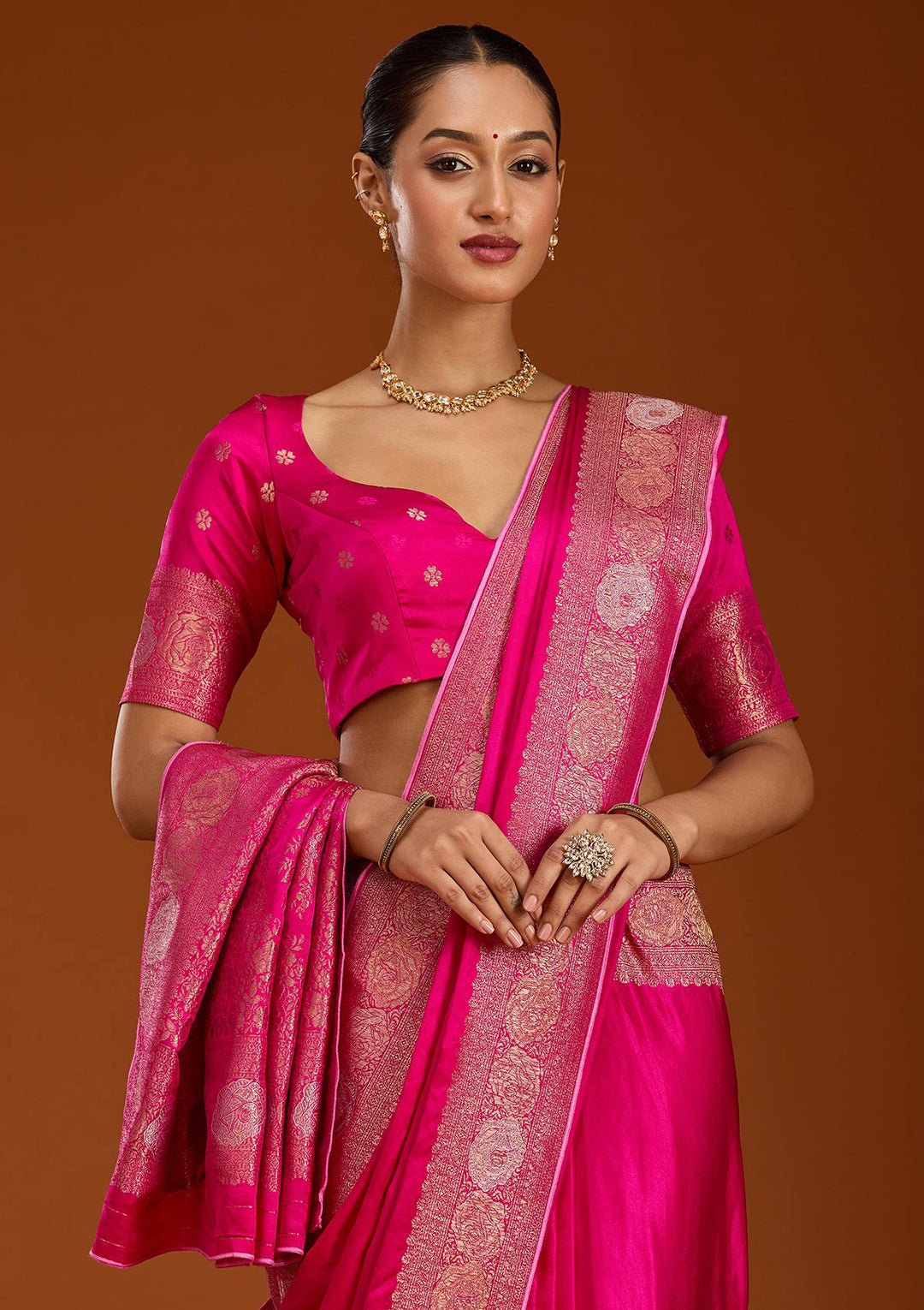 Rani Pink Silk Plain Zariwork Saree With Matching Blouse Piece