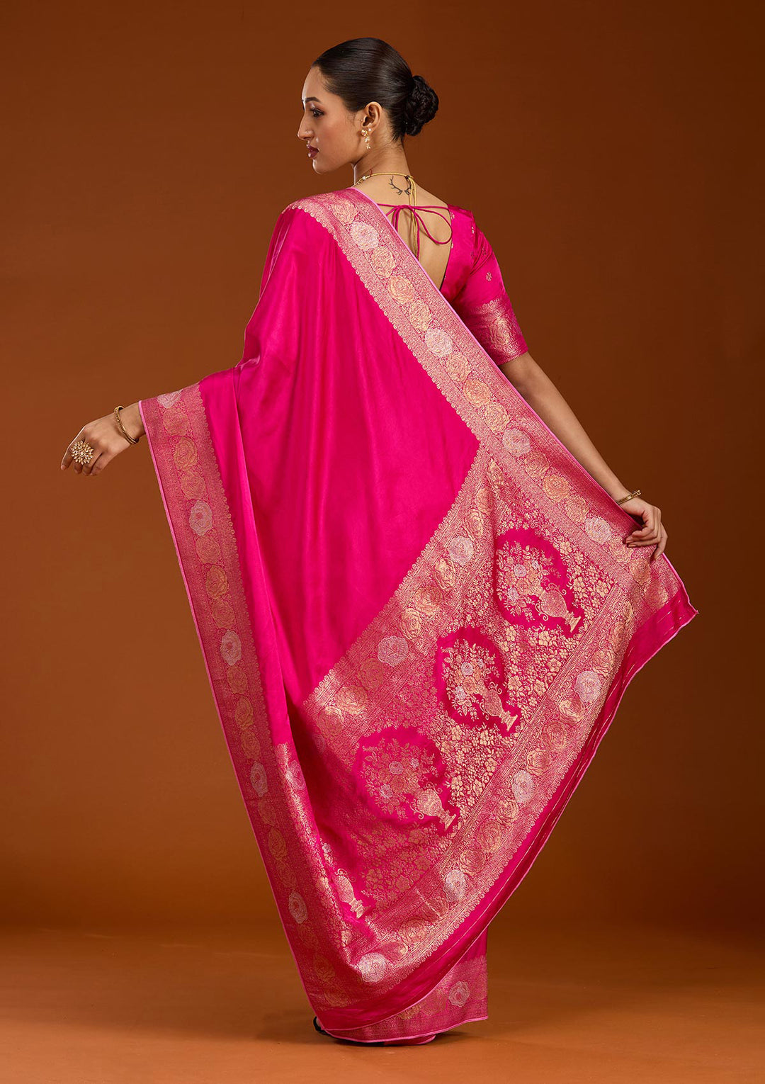 Rani Pink Silk Plain Zariwork Saree With Matching Blouse Piece