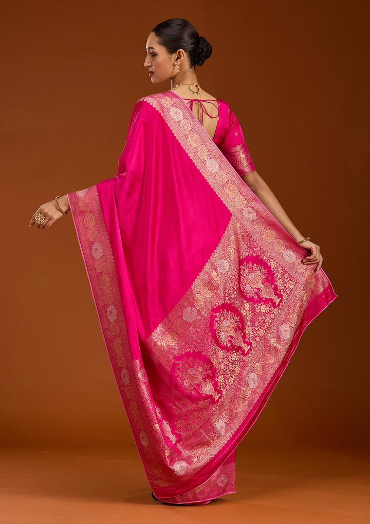 Rani Pink Silk Plain Zariwork Saree With Matching Blouse Piece