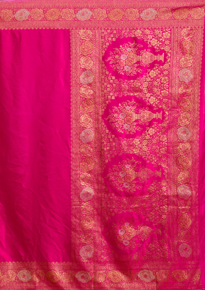 Rani Pink Silk Plain Zariwork Saree With Matching Blouse Piece