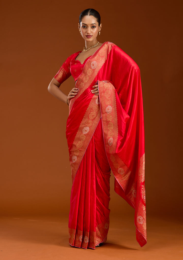 Red Silk Plain Zariwork Saree With Matching Blouse Piece
