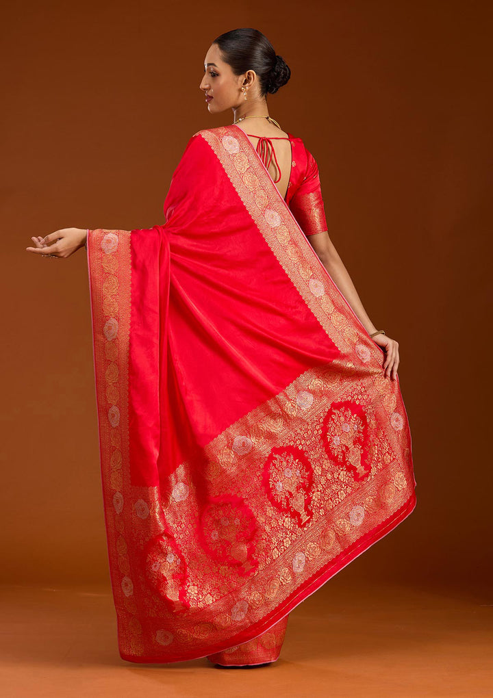 Red Silk Plain Zariwork Saree With Matching Blouse Piece