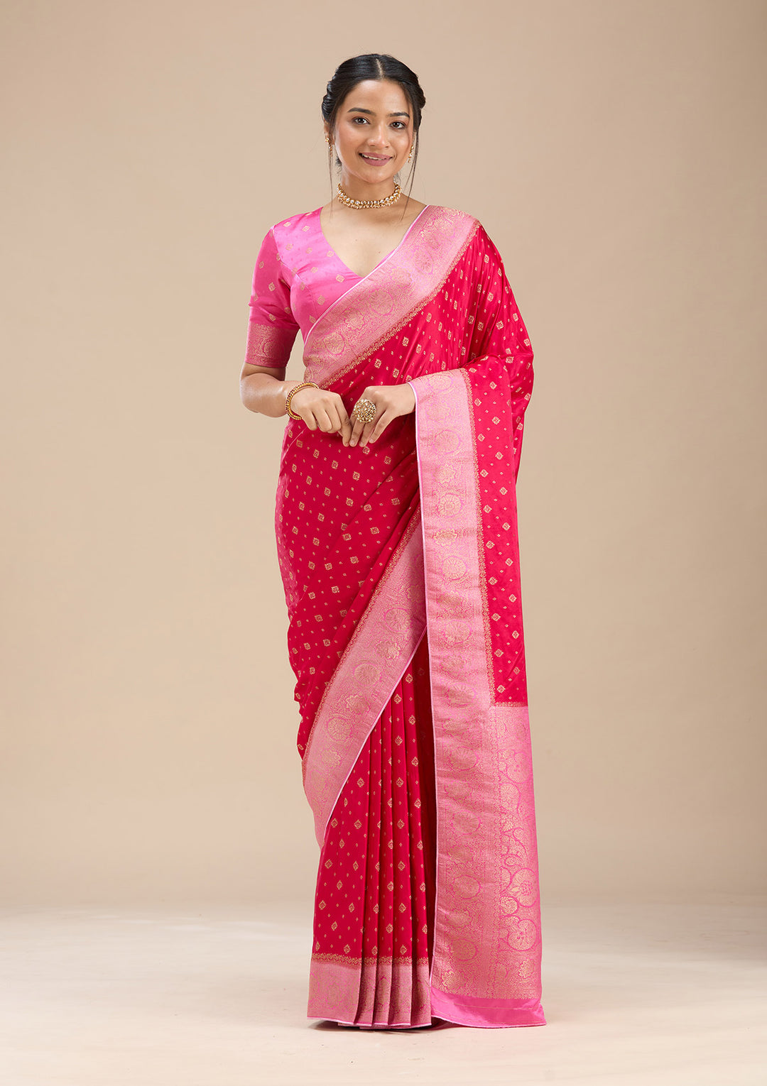 Rani Pink Silk Buti Saree With Matching Blouse Piece