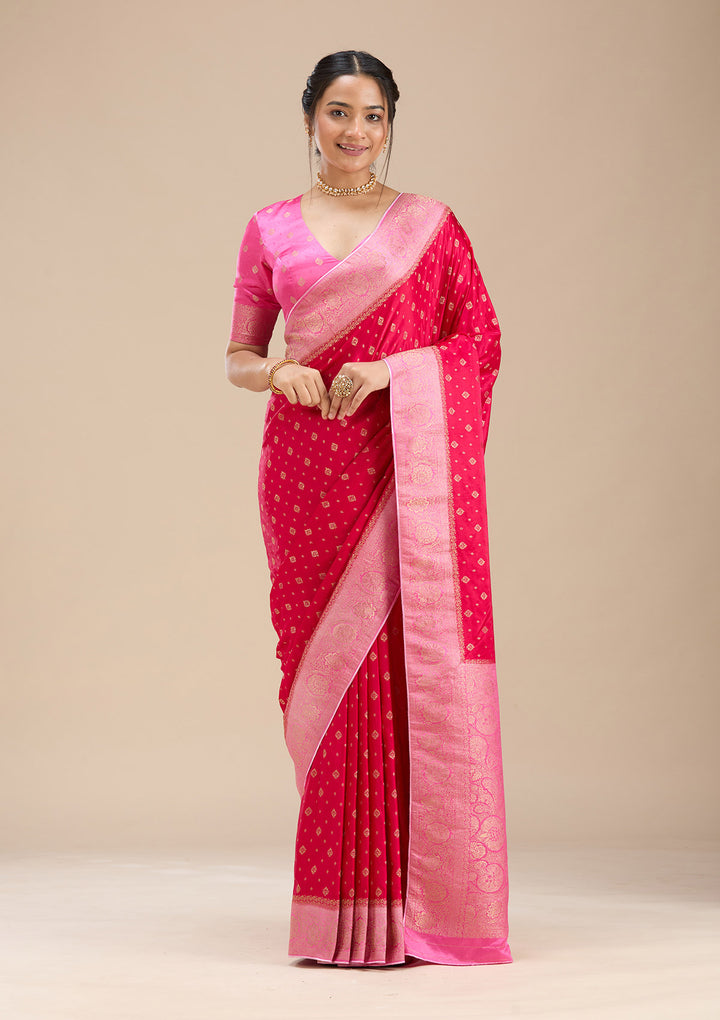 Rani Pink Silk Buti Saree With Matching Blouse Piece