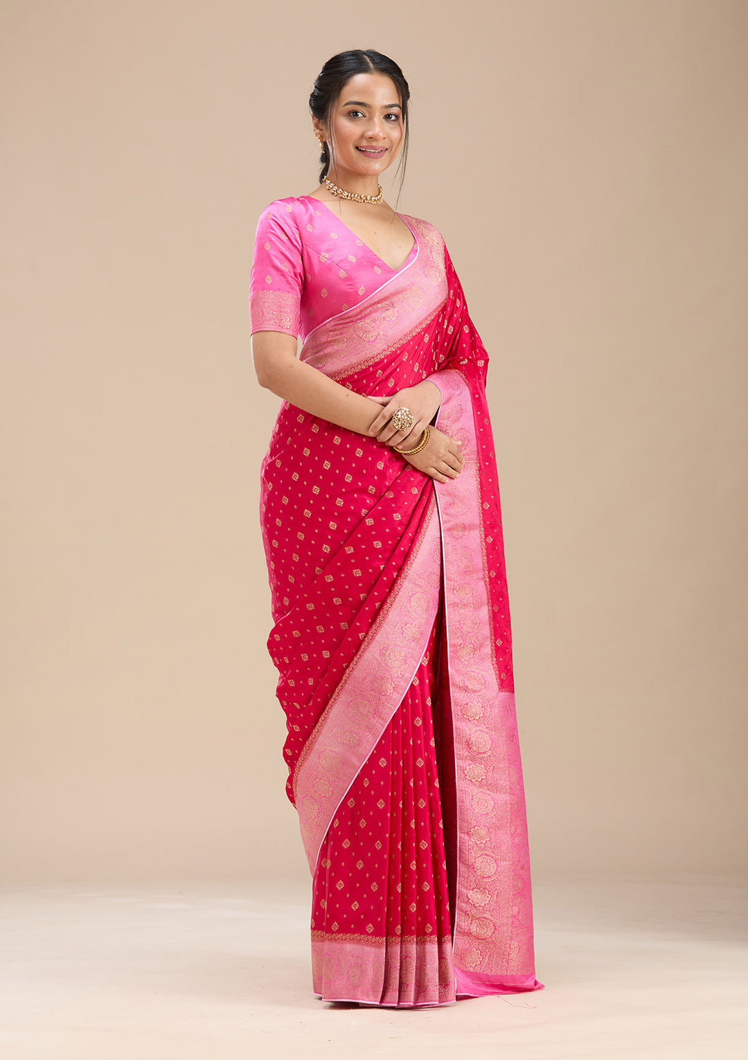 Rani Pink Silk Buti Saree With Matching Blouse Piece