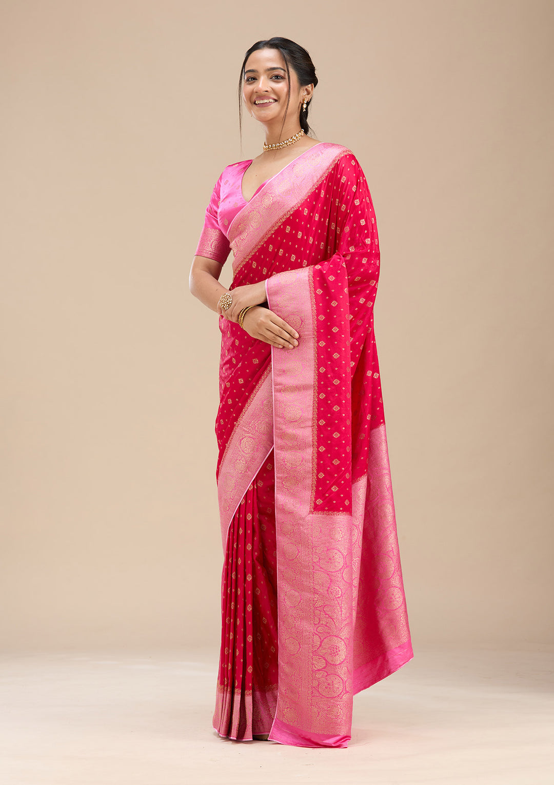 Rani Pink Silk Buti Saree With Matching Blouse Piece