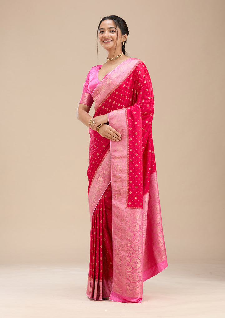 Rani Pink Silk Buti Saree With Matching Blouse Piece