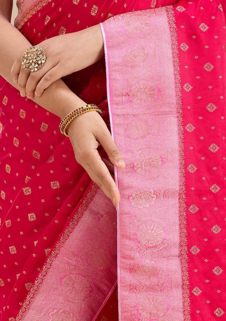 Rani Pink Silk Buti Saree With Matching Blouse Piece