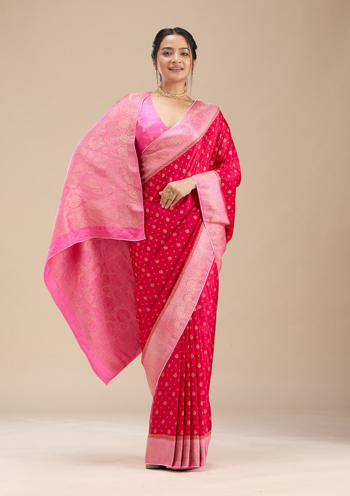 Rani Pink Silk Buti Saree With Matching Blouse Piece