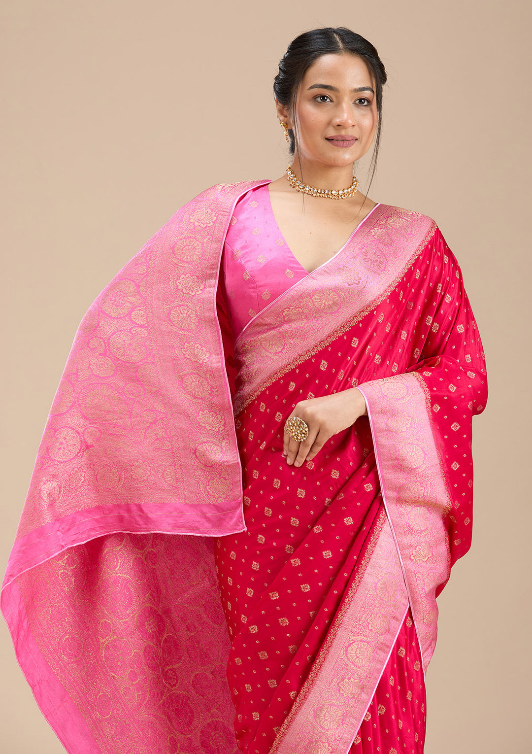 Rani Pink Silk Buti Saree With Matching Blouse Piece
