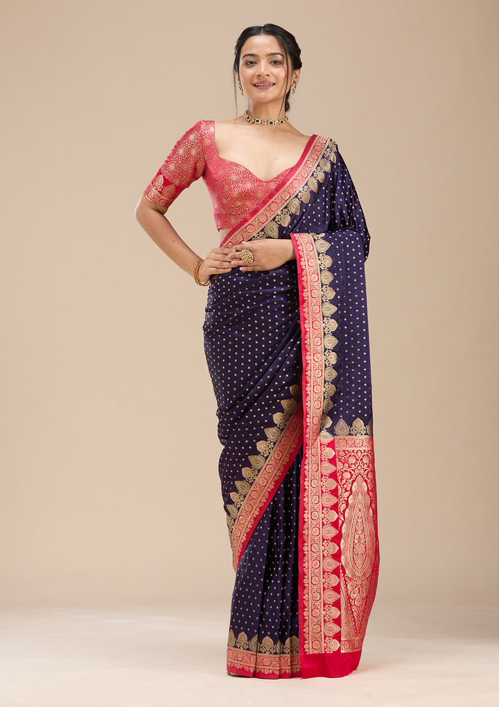Navy Blue Silk Buti Gold Zariwork Saree With Matching Blouse Piece