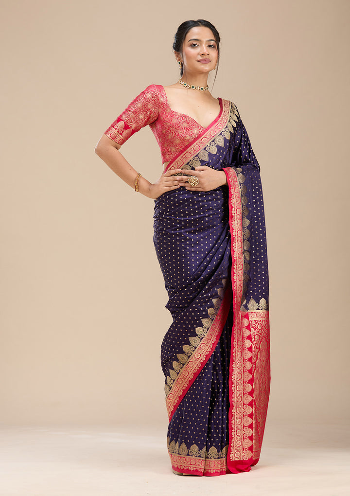 Navy Blue Silk Buti Gold Zariwork Saree With Matching Blouse Piece