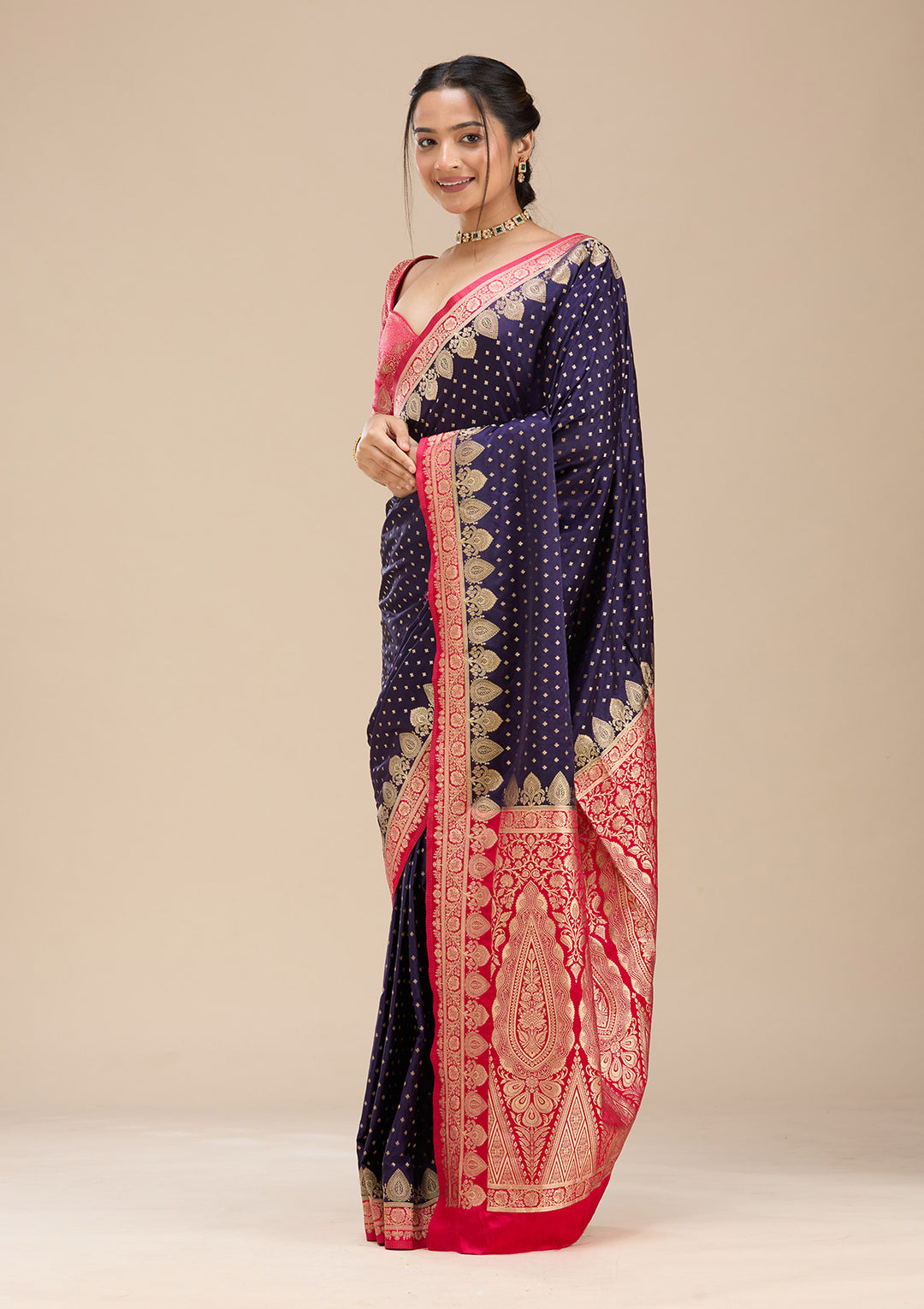 Navy Blue Silk Buti Gold Zariwork Saree With Matching Blouse Piece