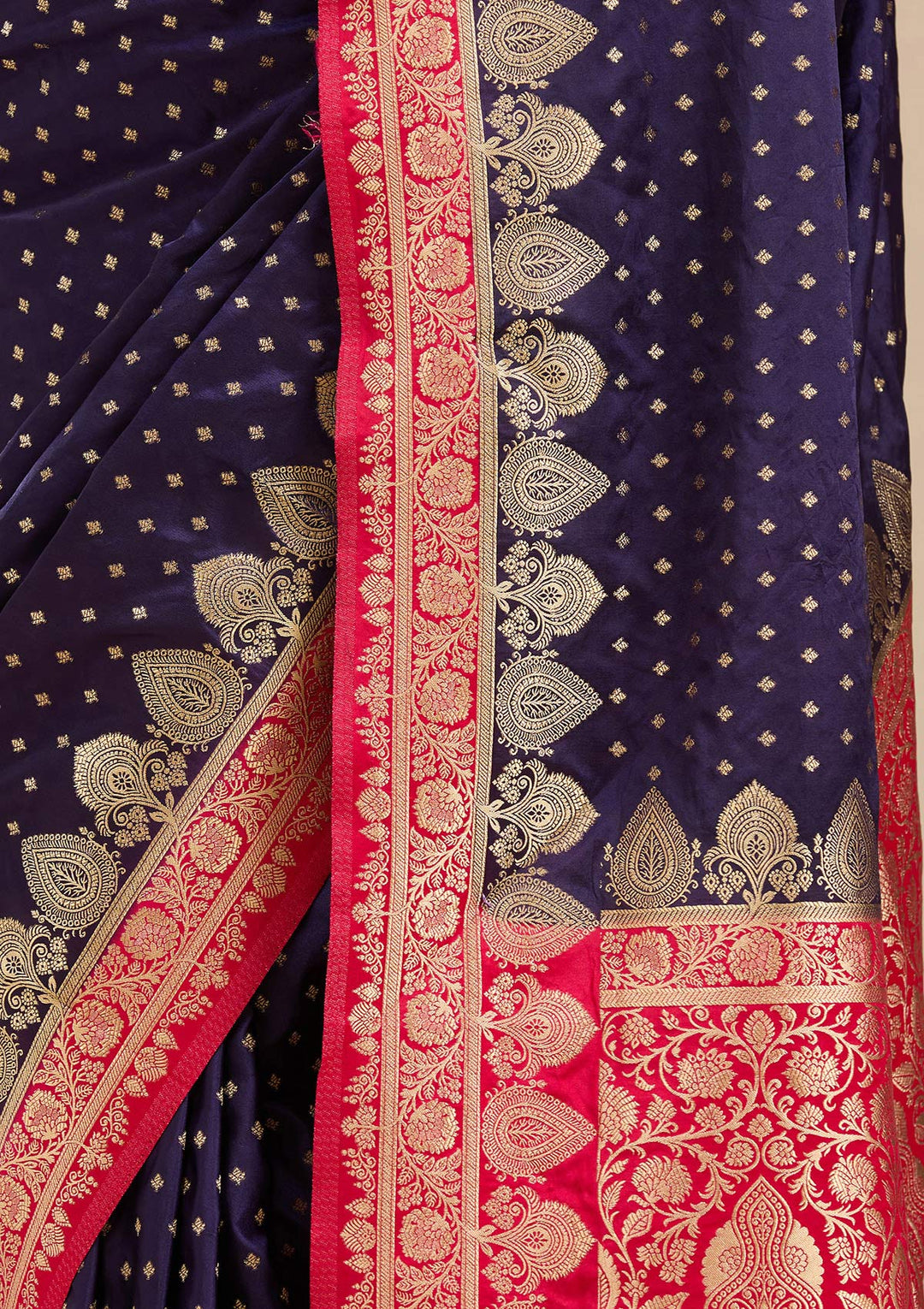 Navy Blue Silk Buti Gold Zariwork Saree With Matching Blouse Piece