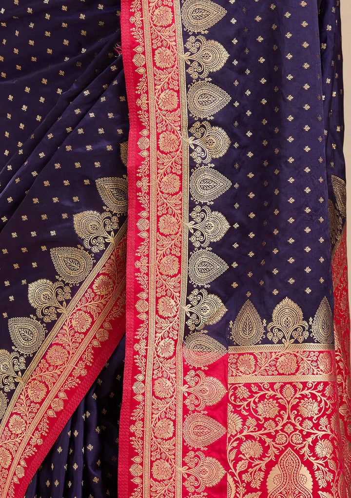 Navy Blue Silk Buti Gold Zariwork Saree With Matching Blouse Piece
