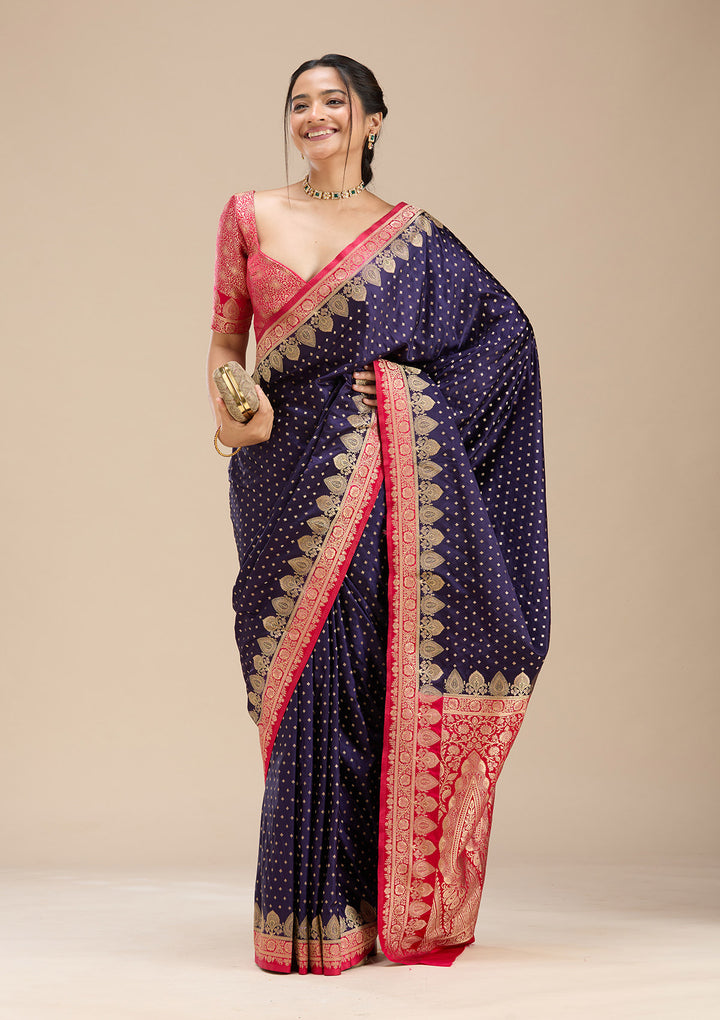 Navy Blue Silk Buti Gold Zariwork Saree With Matching Blouse Piece